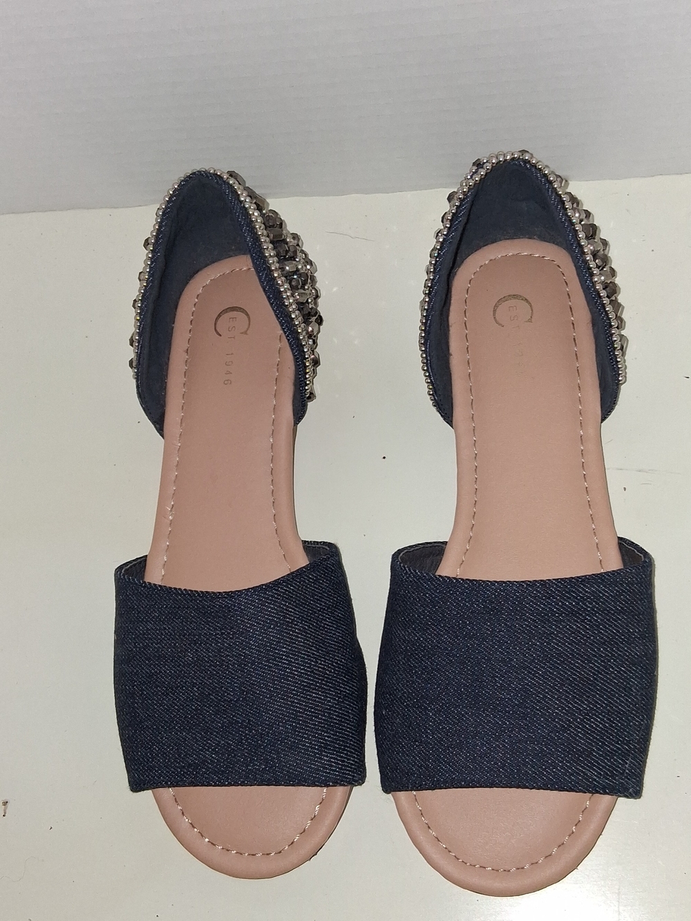 Vintage Denim Flats with Embellished Heels - Size 7